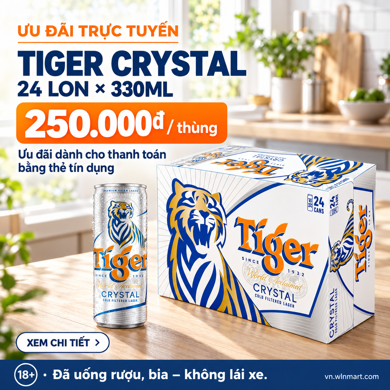 Nồng độ cồn 4.6% - Thùng 24 lon bia Tiger Crystal 330ml/lon
